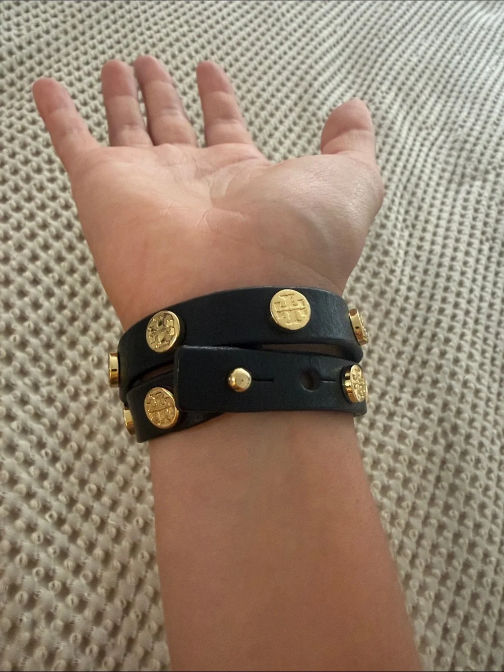 Tory Burch Black Leather Double-Wrap Bracelet with Gold Logo Studs